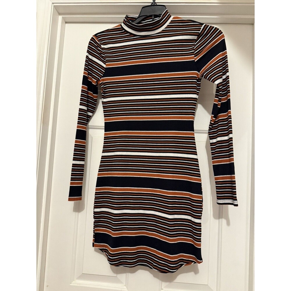 No Comment Multi-Colored Ribbed Long Sleeve Stretch Mini Dress Size M Bodycon